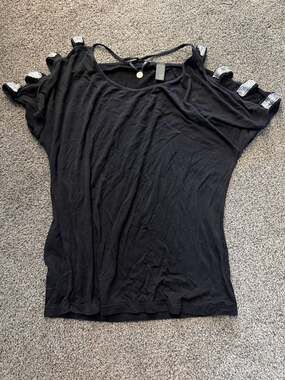 BKE Boutique Black Cold Shoulder Short Sleeve Top with Rhinestone S